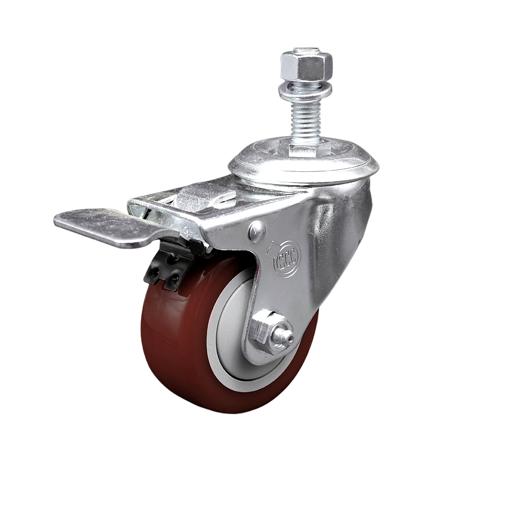 Stainless Steel Polyurethane Swivel Threaded Stem Caster w/3.5" x 1.25"  Maroon Wheel and 1/2" Stem & Total Locking Brake - 300 lbs Capacity/Caster - Service Caster Brand — photo 1