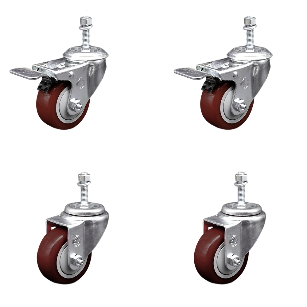 Stainless Steel Polyurethane Swivel Threaded Stem Caster Set of 4 w/3.5" x 1.25" Maroon Wheels and 3/8" Stems - Includes 2 with Total Locking Brake - 1200 lbs Total Capacity - Service Caster Brand — photo 1