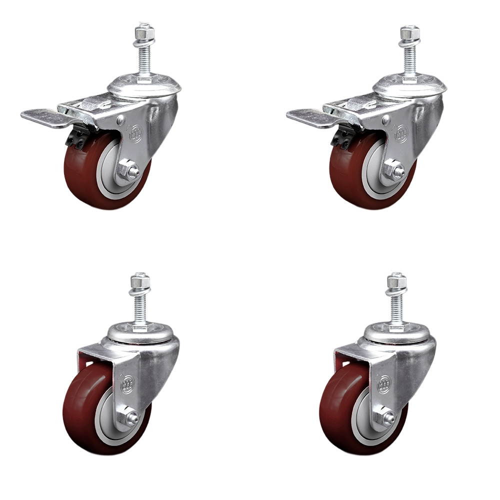 Stainless Steel Polyurethane Swivel Threaded Stem Caster Set of 4 w/3.5" x 1.25" Maroon Wheels and 10mm Stems - Includes 2 with Total Locking Brake - 1200 lbs Total Capacity - Service Caster Brand — photo 1