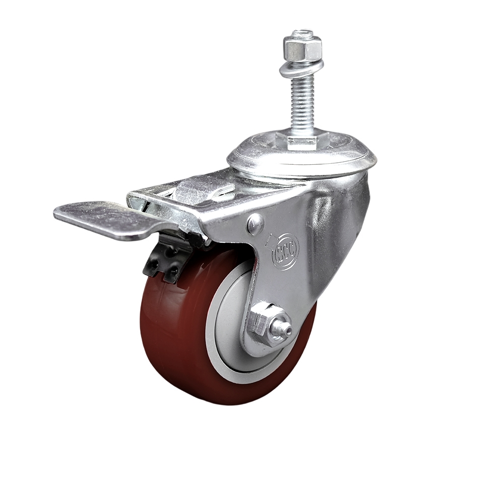 Stainless Steel Polyurethane Swivel Threaded Stem Caster w/3.5" x 1.25"  Maroon Wheel and 10mm Stem & Total Locking Brake - 300 lbs Capacity/Caster - Service Caster Brand — photo 1