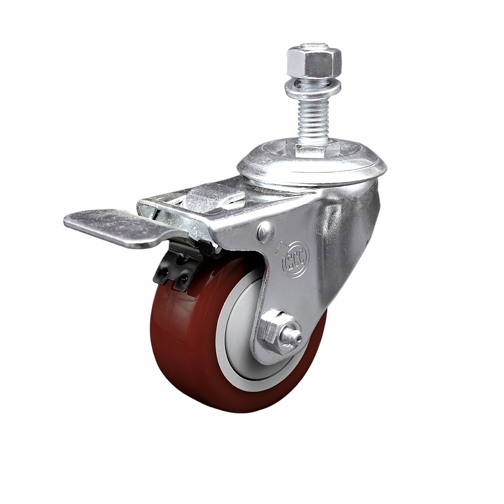Stainless Steel Polyurethane Swivel Threaded Stem Caster w/3.5" x 1.25"  Maroon Wheel and 12mm Stem & Total Locking Brake - 300 lbs Capacity/Caster - Service Caster Brand — photo 1