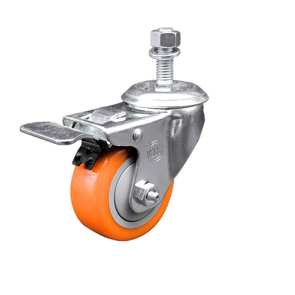 Stainless Steel Polyurethane Swivel Threaded Stem Caster w/3.5" x 1.25"  Orange Wheel and 1/2" Stem & Total Locking Brake - 300 lbs Capacity/Caster - Service Caster Brand — photo 1