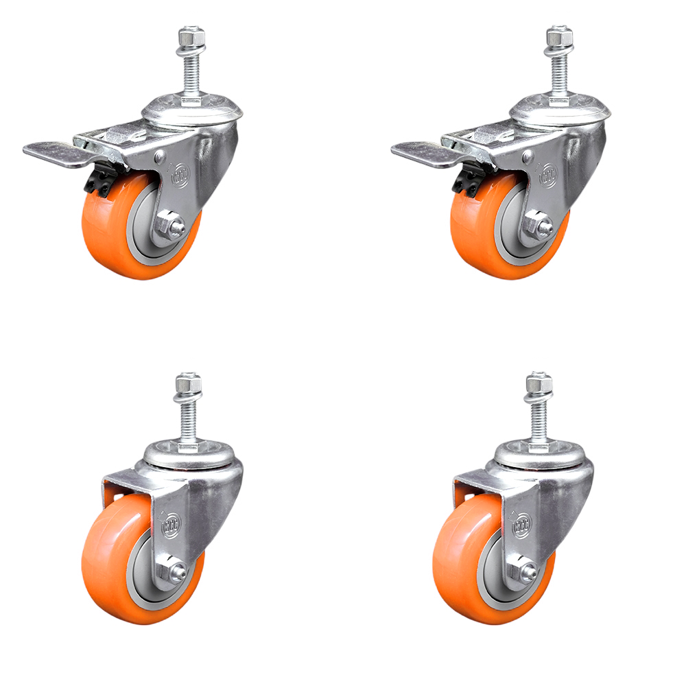 Stainless Steel Polyurethane Swivel Threaded Stem Caster Set of 4 w/3.5" x 1.25" Orange Wheels and 3/8" Stems - Includes 2 with Total Locking Brake - 1200 lbs Total Capacity - Service Caster Brand — photo 1