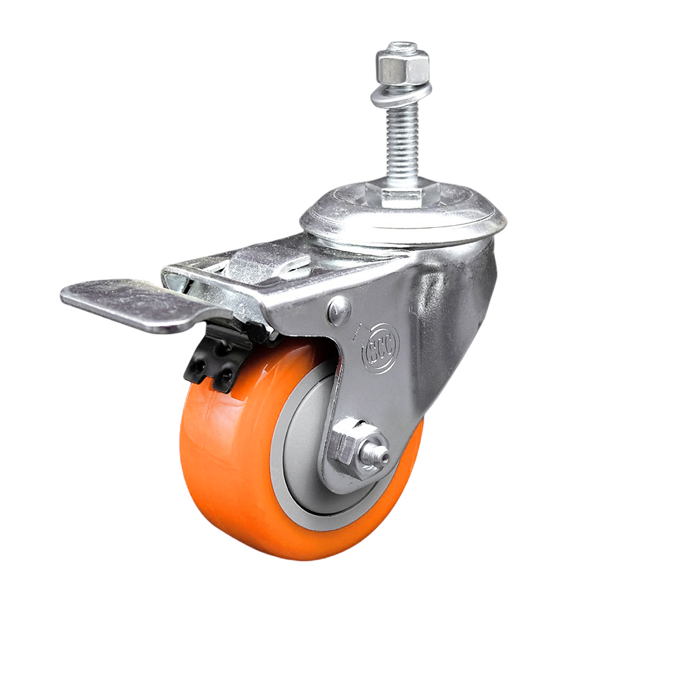 Stainless Steel Polyurethane Swivel Threaded Stem Caster w/3.5" x 1.25"  Orange Wheel and 10mm Stem & Total Locking Brake - 300 lbs Capacity/Caster - Service Caster Brand — photo 1