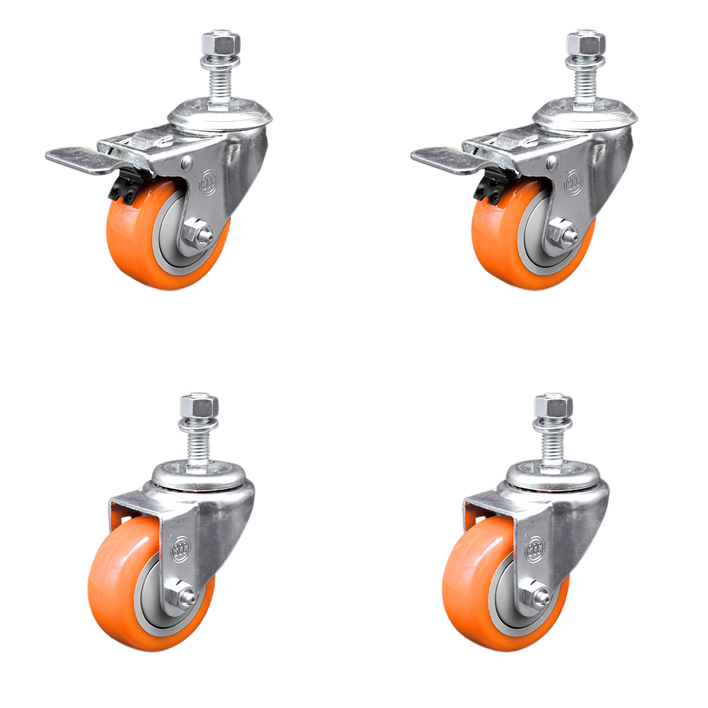Stainless Steel Polyurethane Swivel Threaded Stem Caster Set of 4 w/3.5" x 1.25" Orange Wheels and 12mm Stems - Includes 2 with Total Locking Brake - 1200 lbs Total Capacity - Service Caster Brand — photo 1