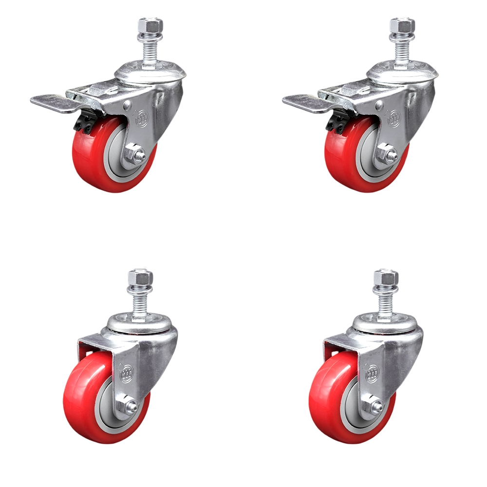 Stainless Steel Polyurethane Swivel Threaded Stem Caster Set of 4 w/3.5" x 1.25" Red Wheels and 1/2" Stems - Includes 2 with Total Locking Brake - 1200 lbs Total Capacity - Service Caster Brand — photo 1