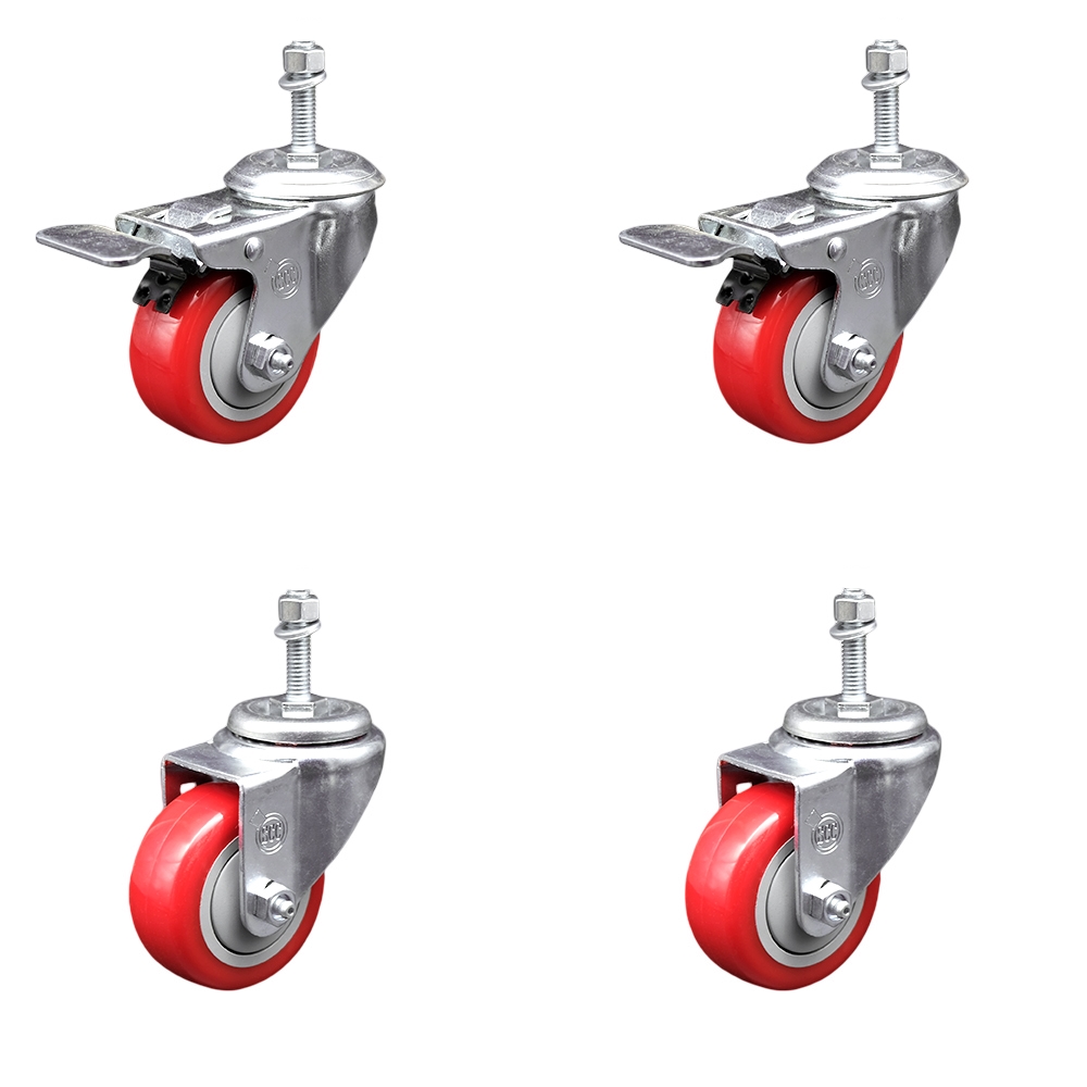 Stainless Steel Polyurethane Swivel Threaded Stem Caster Set of 4 w/3.5" x 1.25" Red Wheels and 3/8" Stems - Includes 2 with Total Locking Brake - 1200 lbs Total Capacity - Service Caster Brand — photo 1