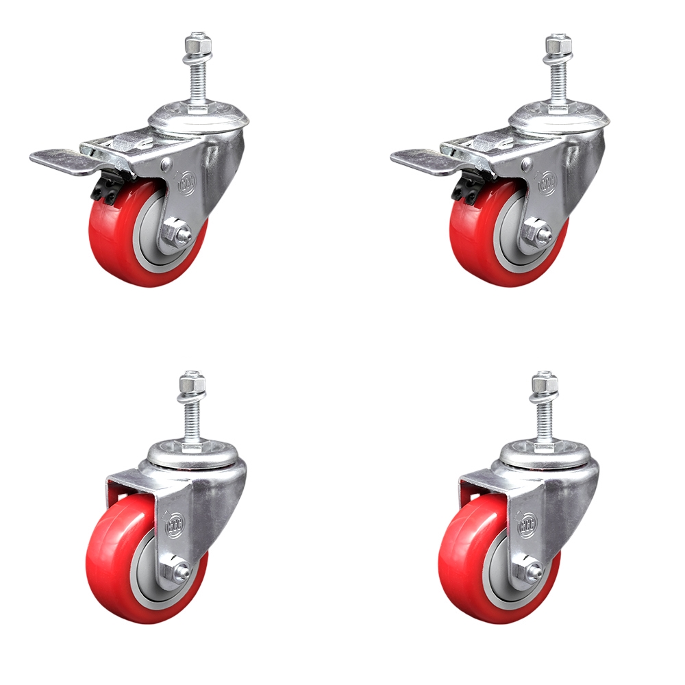 Stainless Steel Polyurethane Swivel Threaded Stem Caster Set of 4 w/3.5" x 1.25" Red Wheels and 10mm Stems - Includes 2 with Total Locking Brake - 1200 lbs Total Capacity - Service Caster Brand — photo 1