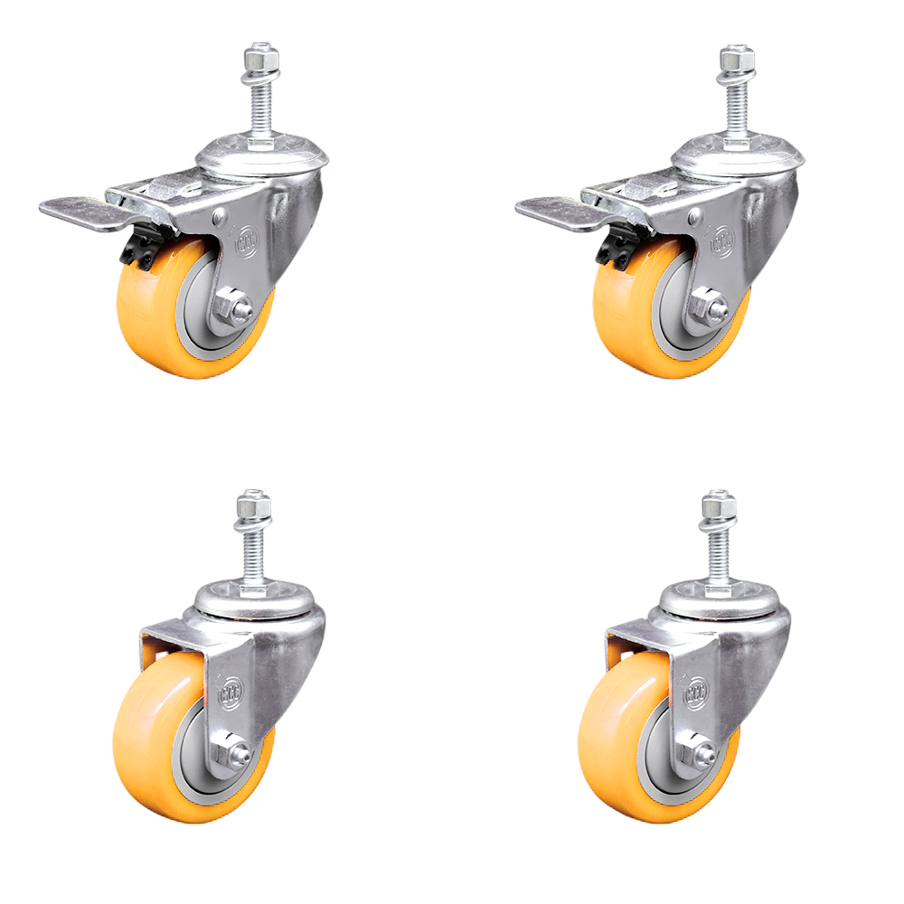 Stainless Steel Polyurethane Swivel Threaded Stem Caster Set of 4 w/3.5" x 1.25" Yellow Wheels and 10mm Stems - Includes 2 with Total Locking Brake - 1200 lbs Total Capacity - Service Caster Brand — photo 1