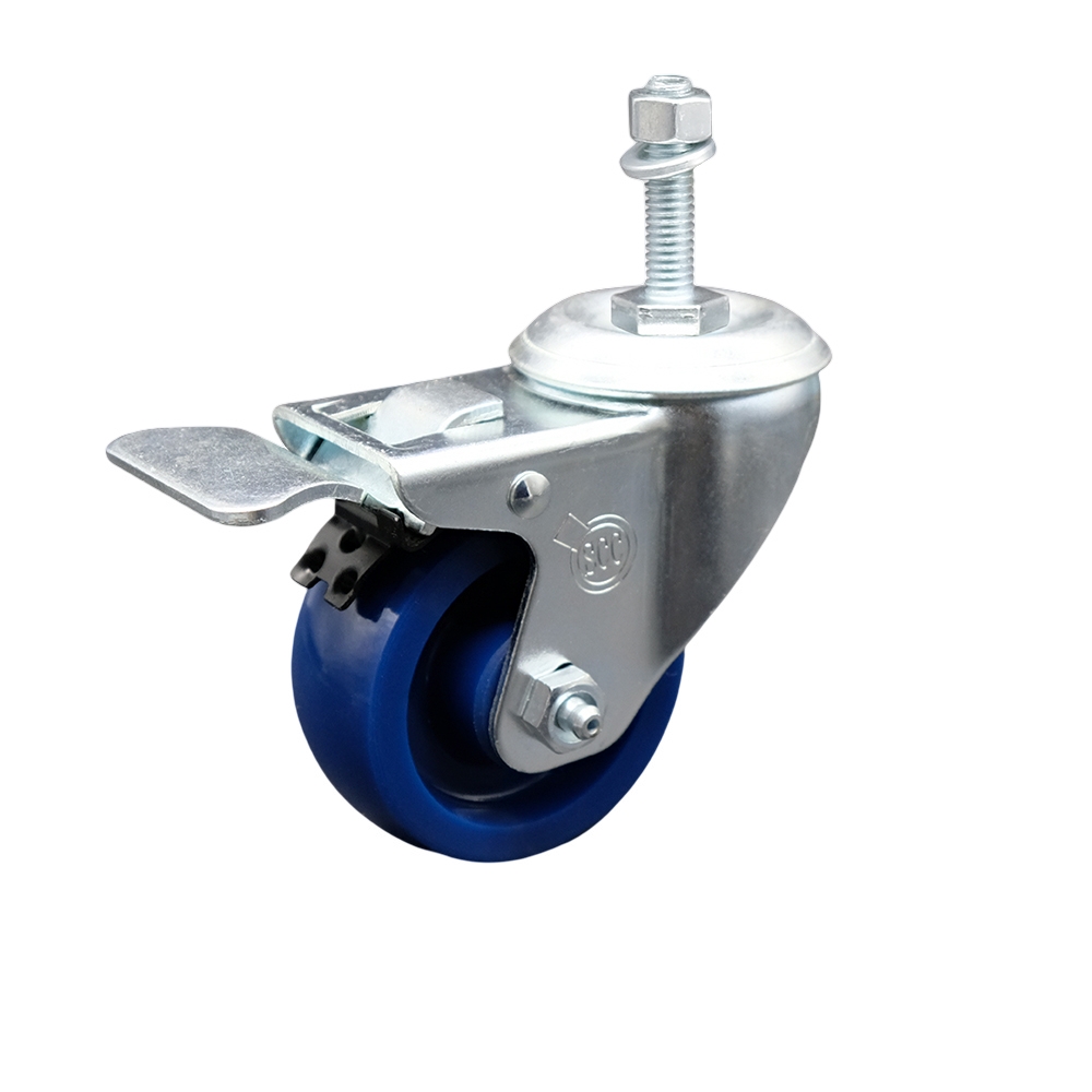 Stainless Steel Solid Polyurethane Swivel Threaded Stem Caster w/3.5" x 1.25" Blue Wheel and 10MM Metric Stem & Total Locking Brake - 300 lbs Capacity/Caster - Service Caster Brand — photo 1