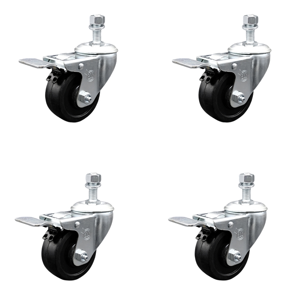 Stainless Steel Soft Rubber Swivel Threaded Stem Caster Set of 4 w/3.5" x 1.25" Black Wheels and 3/8" Stems - Includes 4 with Total Lock Brakes - 800 lbs Total Capacity - Service Caster Brand — photo 1