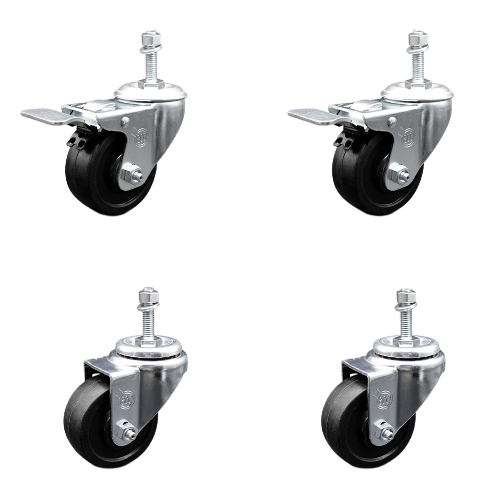 Stainless Steel Soft Rubber Swivel Threaded Stem Caster Set 4 w/3.5" x 1.25" Black Wheels and 10MM Metric Stems- Includes 2 with Total Locking Brake- 800 lbs Total Capacity-Service Caster Brand — photo 1