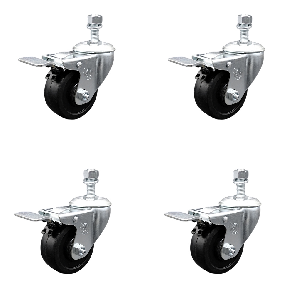 Stainless Steel Soft Rubber Swivel Threaded Stem Caster Set of 4 w/3.5" x 1.25" Black Wheels and 10mm Stems - Includes 4 with Total Lock Brakes - 800 lbs Total Capacity - Service Caster Brand — photo 1