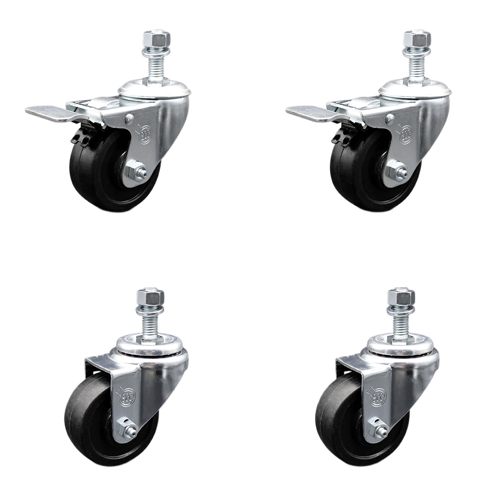 Stainless Steel Soft Rubber Swivel Threaded Stem Caster Set 4 w/3.5" x 1.25" Black Wheels and 12MM Metric Stems- Includes 2 with Total Locking Brake- 800 lbs Total Capacity-Service Caster Brand — photo 1