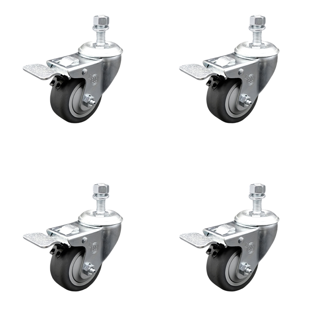 Stainless Steel Thermoplastic Rubber Swivel Threaded Stem Caster Set of 4 w/3.5" x 1.25" Gray Wheels and 3/8" Stems - Includes 4 with Total Lock Brakes - 920 lbs Total Capacity - Service Caster Brand — photo 1