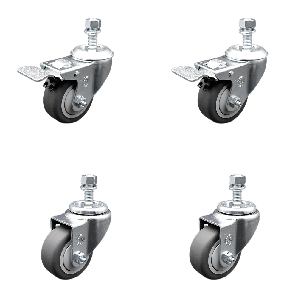 Stainless Steel Thermoplastic Rubber Swivel Threaded Stem Caster Set of 4- 3.5" x 1.25" Gray Wheels & 12MM Metric Stems-Includes 2 with Total Locking Brake-920 lbs Total Capacity-Service Caster Brand — photo 1