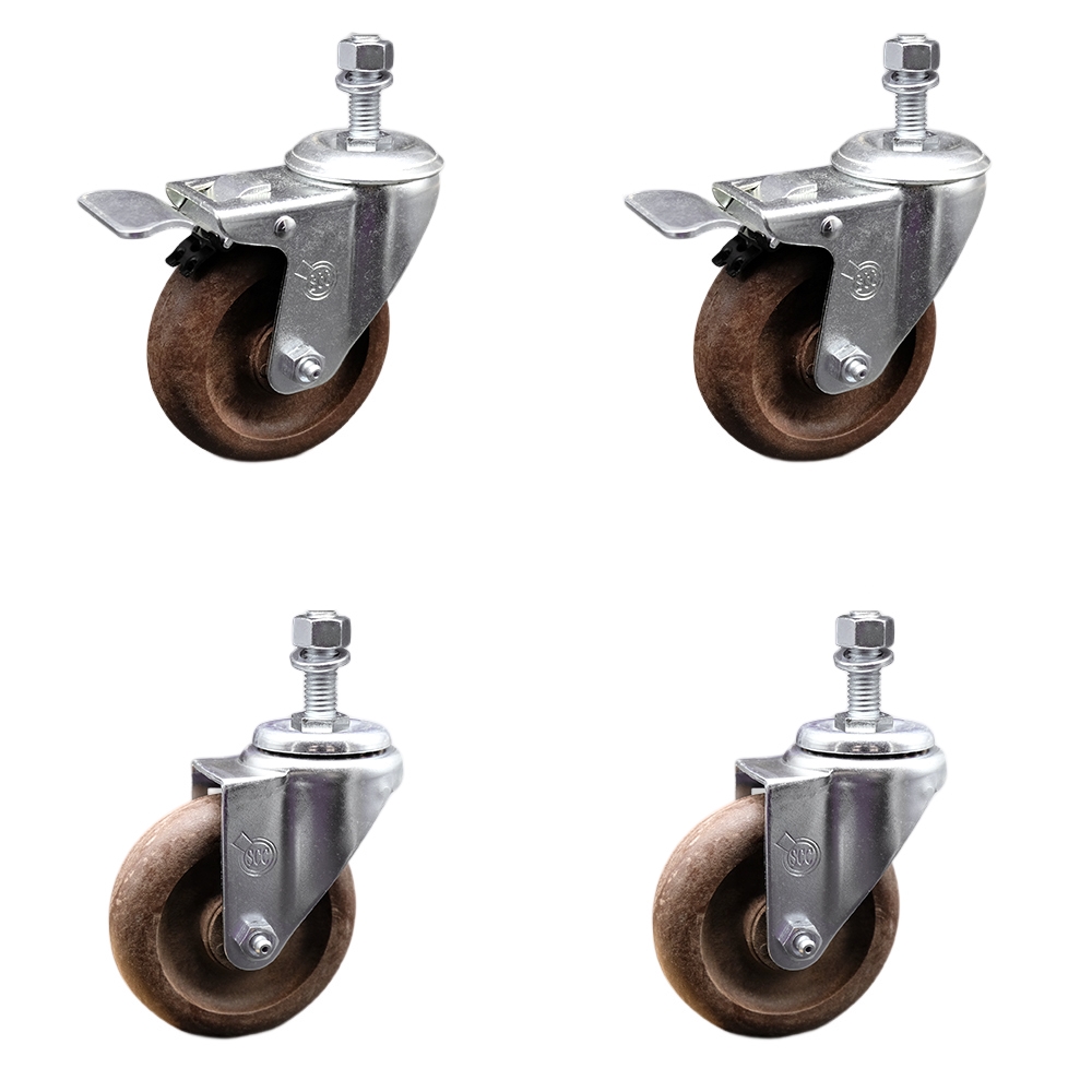 Stainless Steel High Temp Glass Filled Nylon Swivel Threaded Stem Caster Set 4 w/4" x 1.25" Brown Wheels and 1/2" Stems-Includes 2 with Total Locking Brake-1400 lbs Total Capacity-Service Caster Brand — photo 1