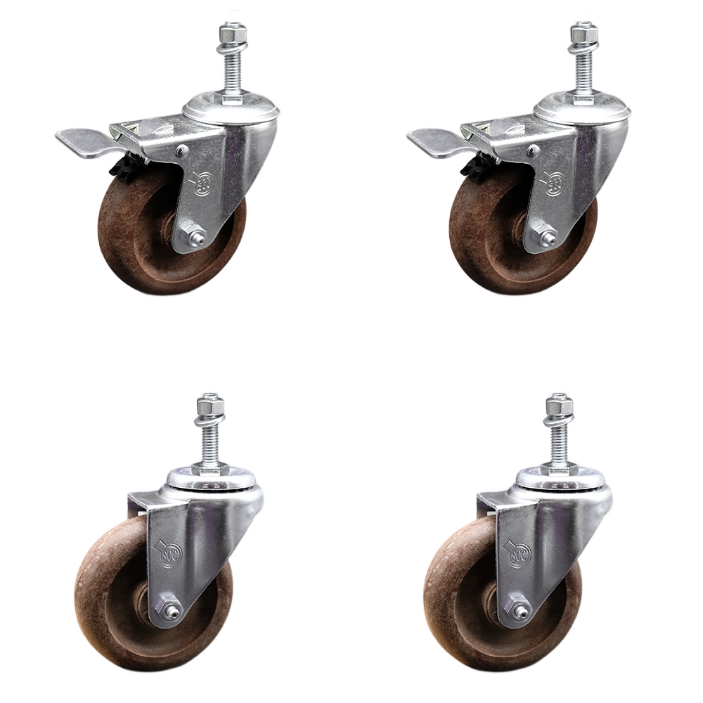 Stainless Steel High Temp Glass Filled Nylon Swivel Threaded Stem Caster Set 4 w/4" x 1.25" Brown Wheels and 3/8" Stems-Includes 2 with Total Locking Brake-1400 lbs Total Capacity-Service Caster Brand — photo 1