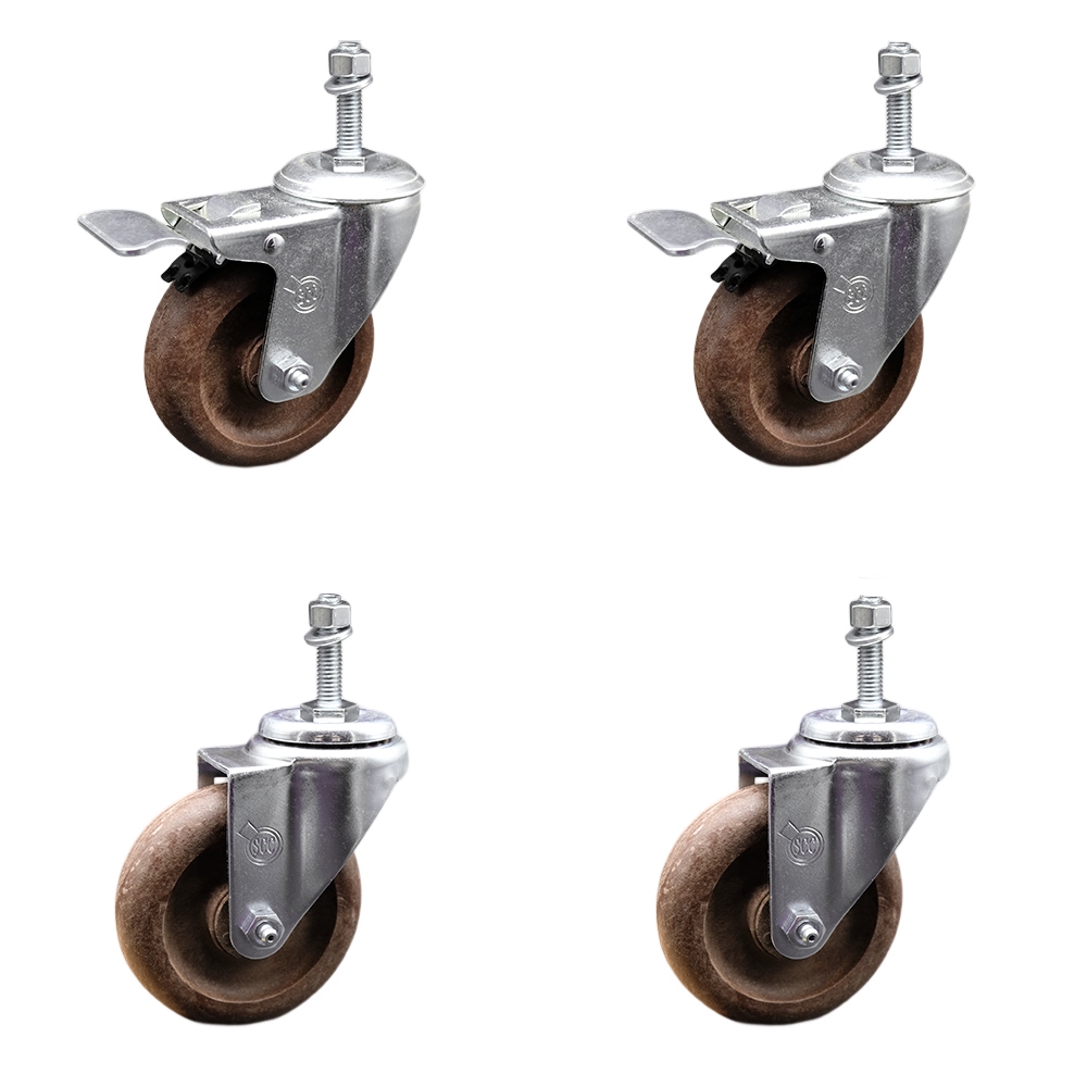 Stainless Steel High Temp Glass Filled Nylon Swivel Threaded Stem Caster Set 4 w/4" x 1.25" Brown Wheels&10MM Metric Stems-Includes 2 w/Total Locking Brake-1400 lbs Total Capacity-Service Caster Brand — photo 1