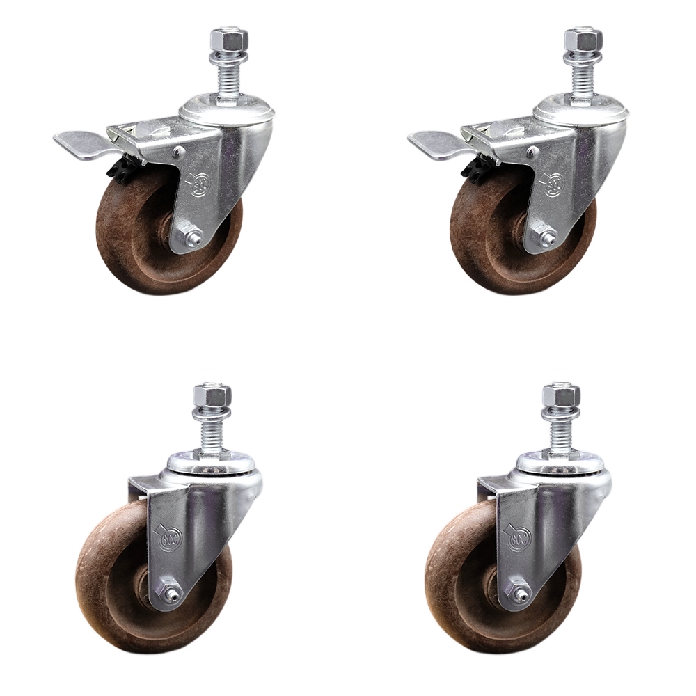 Stainless Steel High Temp Glass Filled Nylon Swivel Threaded Stem Caster Set 4 w/4" x 1.25" Brown Wheels&12MM Metric Stems-Includes 2 w/Total Locking Brake-1400 lbs Total Capacity-Service Caster Brand — photo 1