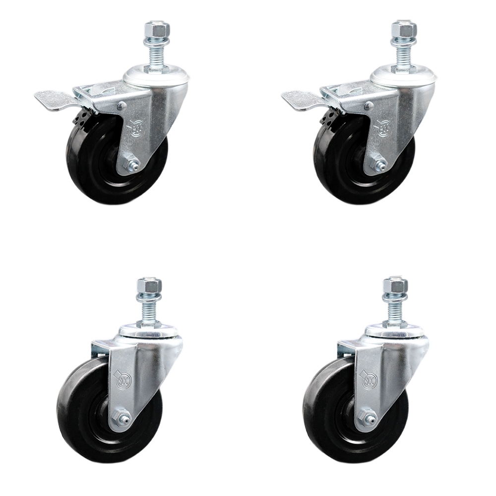 Stainless Steel Hard Rubber Swivel Threaded Stem Caster Set of 4 w/4" x 1.25" Black Wheels and 1/2" Stems - Includes 2 with Total Locking Brake - 1100 lbs Total Capacity - Service Caster Brand — photo 1