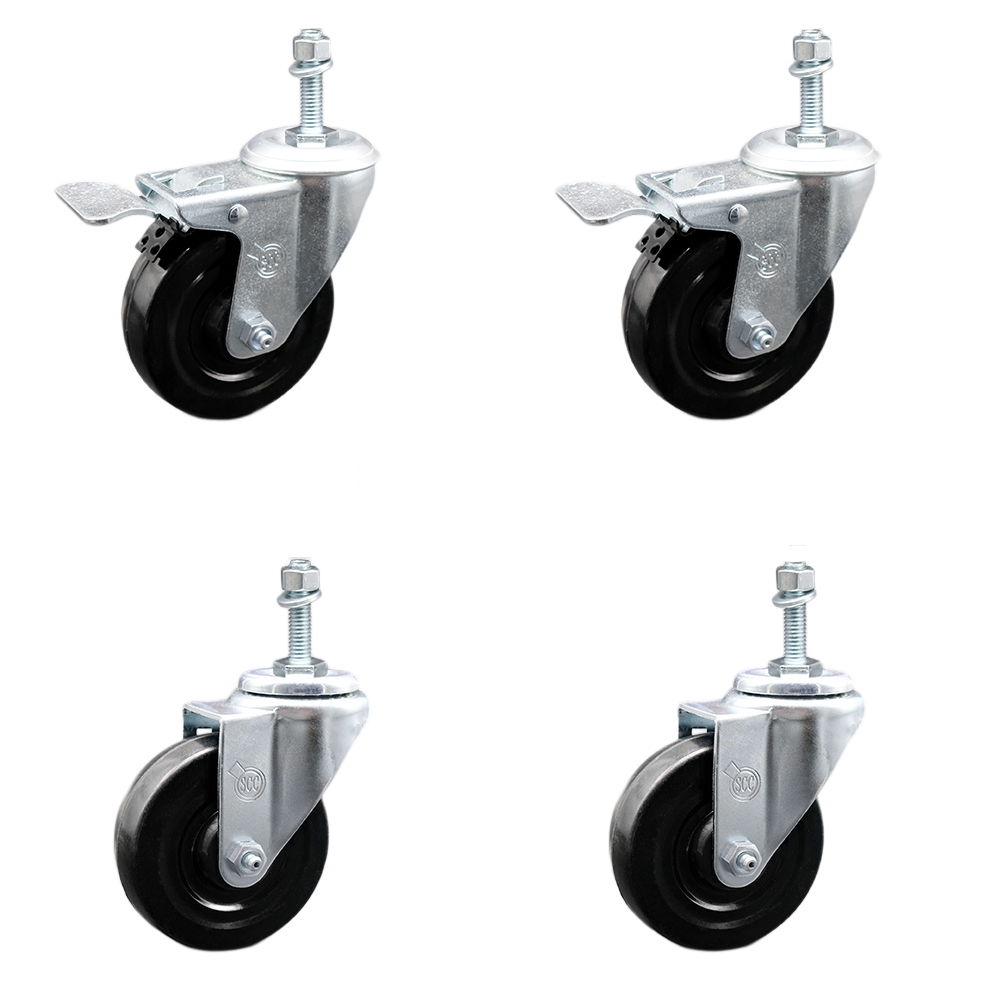 Stainless Steel Hard Rubber Swivel Threaded Stem Caster Set of 4 w/4" x 1.25" Black Wheels and 3/8" Stems - Includes 2 with Total Locking Brake - 1100 lbs Total Capacity - Service Caster Brand — photo 1