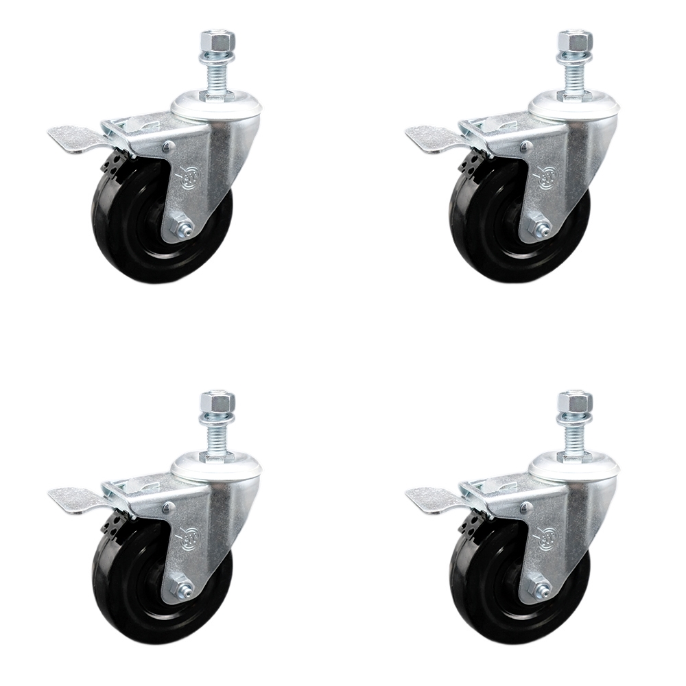 Stainless Steel Hard Rubber Swivel Threaded Stem Caster Set of 4 w/4" x 1.25" Black Wheels and 3/8" Stems - Includes 4 with Total Lock Brakes - 1200 lbs Total Capacity - Service Caster Brand — photo 1