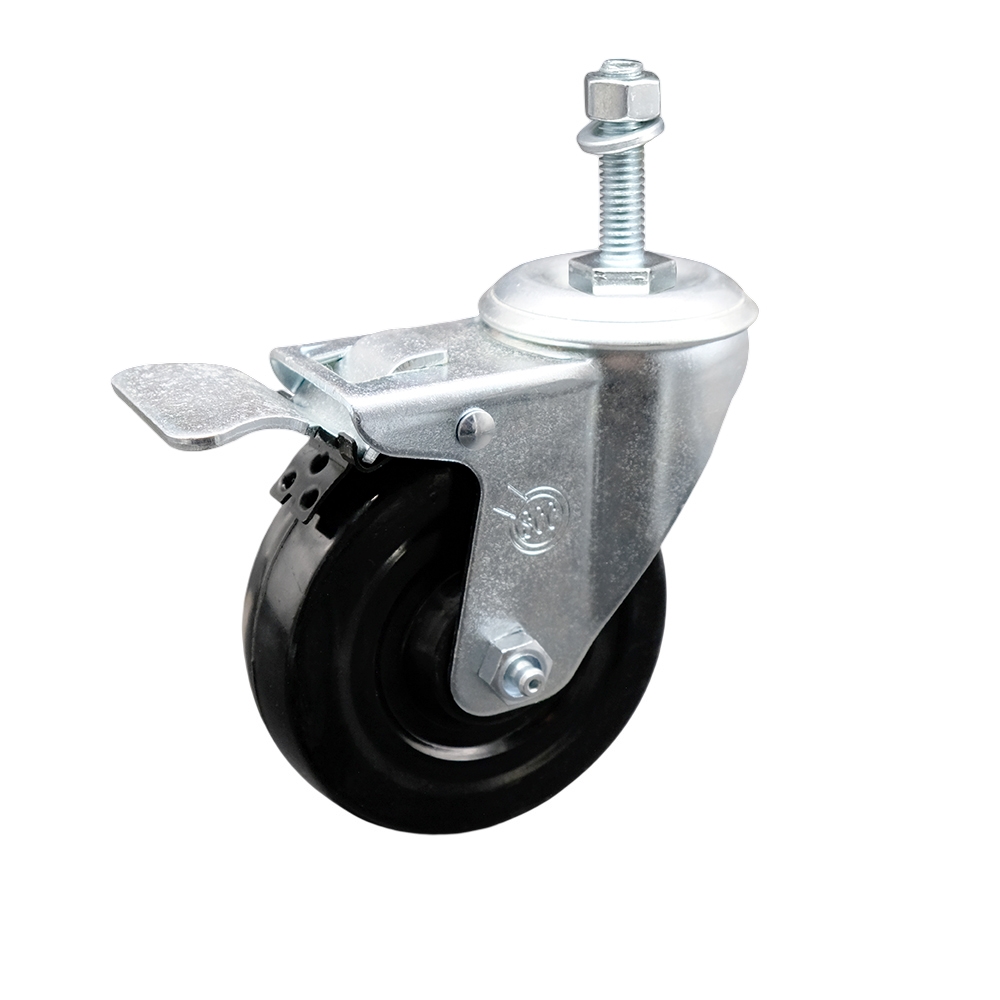 Stainless Steel Hard Rubber Swivel Threaded Stem Caster w/4" x 1.25" Black Wheel and 3/8" Stem & Total Locking Brake - 300 lbs Capacity/Caster - Service Caster Brand — photo 1