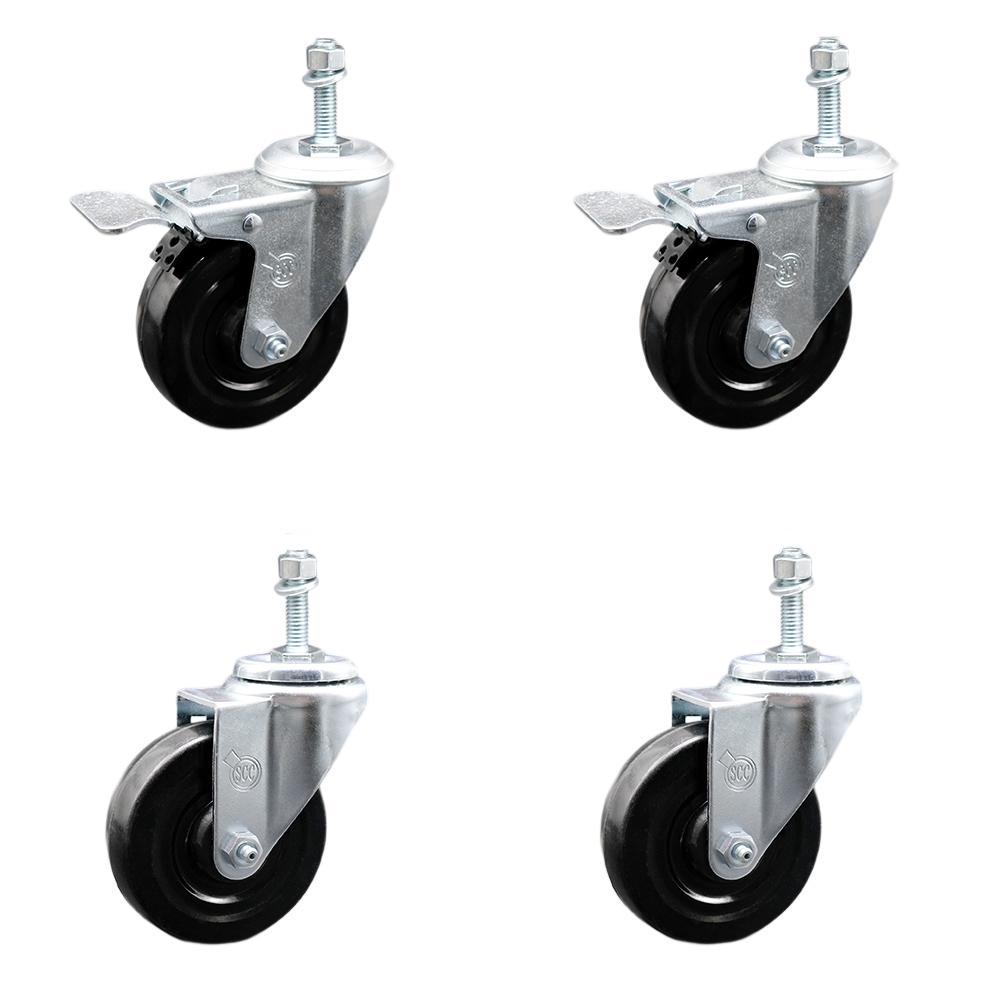 Stainless Steel Hard Rubber Swivel Threaded Stem Caster Set of 4 w/4" x 1.25" Black Wheels and 10MM Metric Stems - Includes 2 with Total Locking Brake - 1100 lbs Total Capacity - Service Caster Brand — photo 1