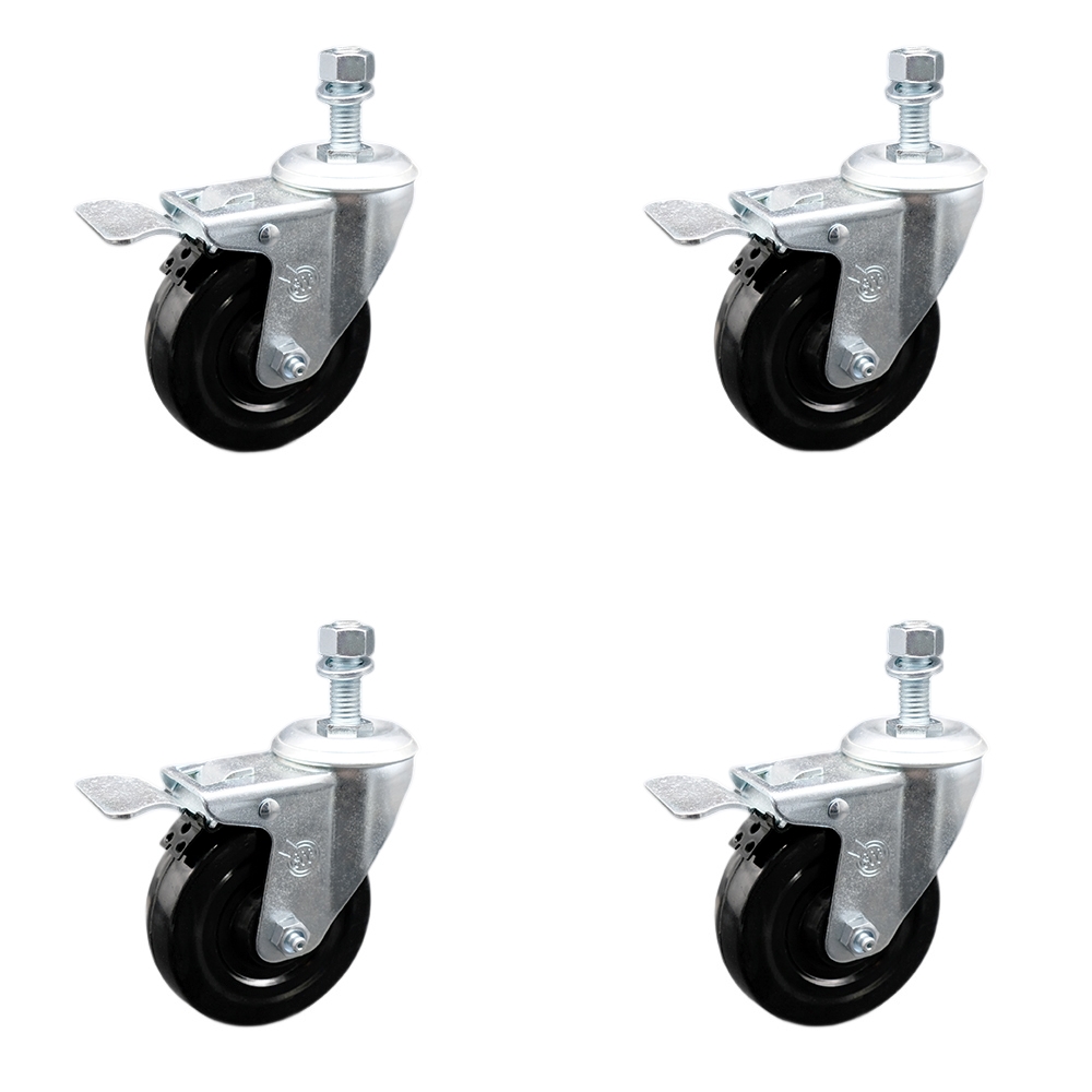 Stainless Steel Hard Rubber Swivel Threaded Stem Caster Set of 4 w/4" x 1.25" Black Wheels and 10mm Stems - Includes 4 with Total Lock Brakes - 1200 lbs Total Capacity - Service Caster Brand — photo 1