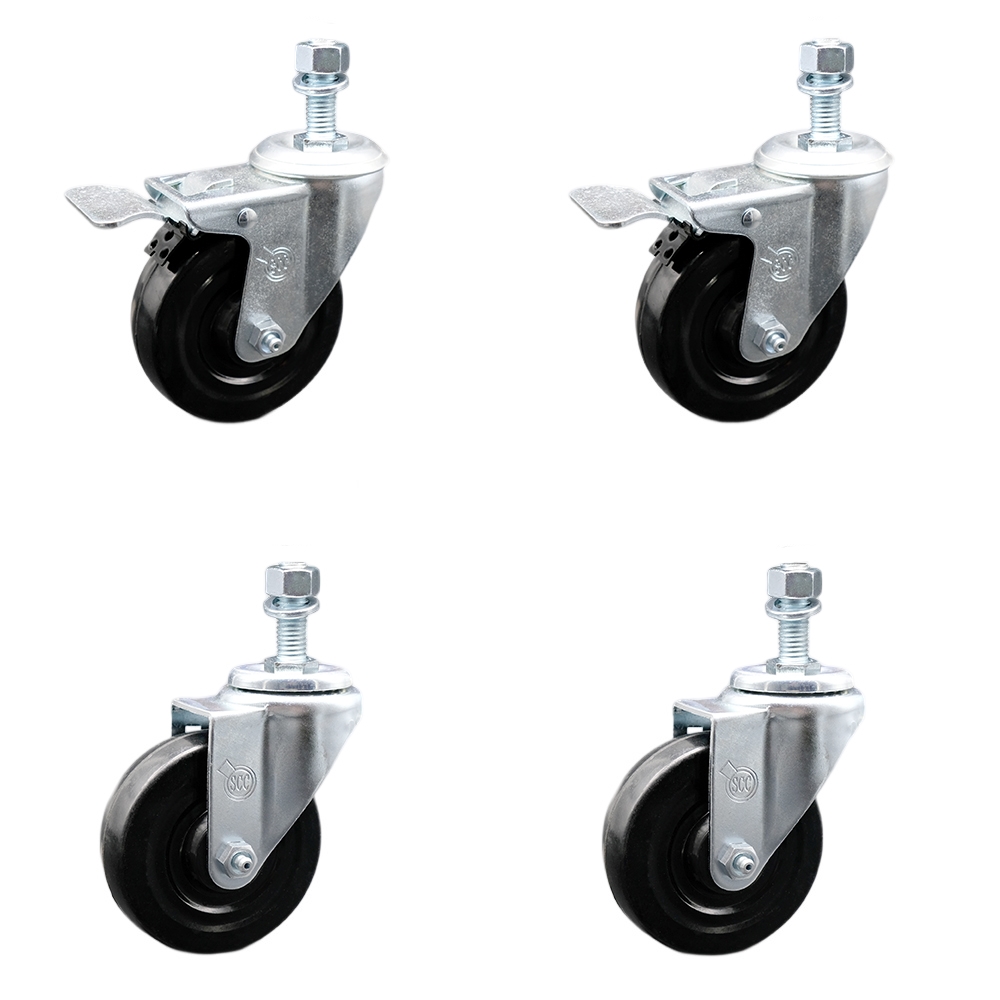 Stainless Steel Hard Rubber Swivel Threaded Stem Caster Set of 4 w/4" x 1.25" Black Wheels and 12MM Metric Stems - Includes 2 with Total Locking Brake - 1100 lbs Total Capacity - Service Caster Brand — photo 1