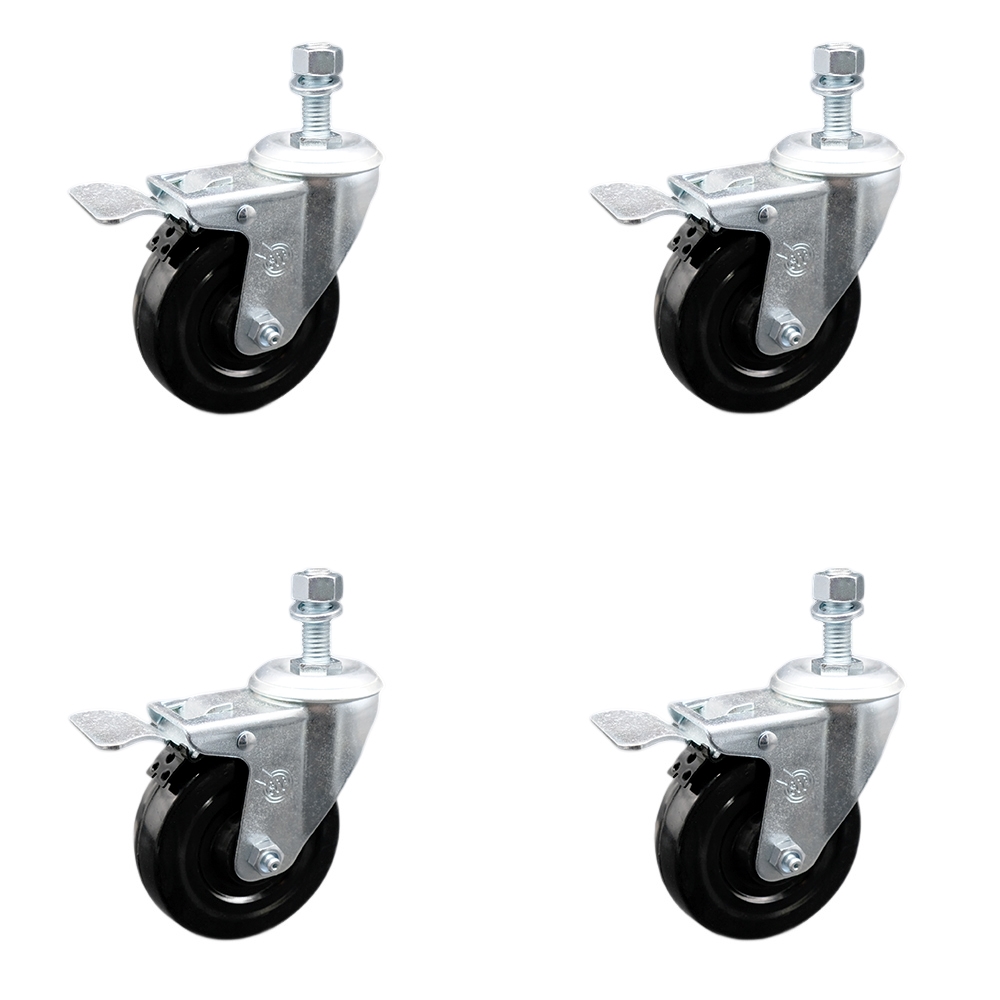 Stainless Steel Hard Rubber Swivel Threaded Stem Caster Set of 4 w/4" x 1.25" Black Wheels and 12mm Stems - Includes 4 with Total Lock Brakes - 1200 lbs Total Capacity - Service Caster Brand — photo 1