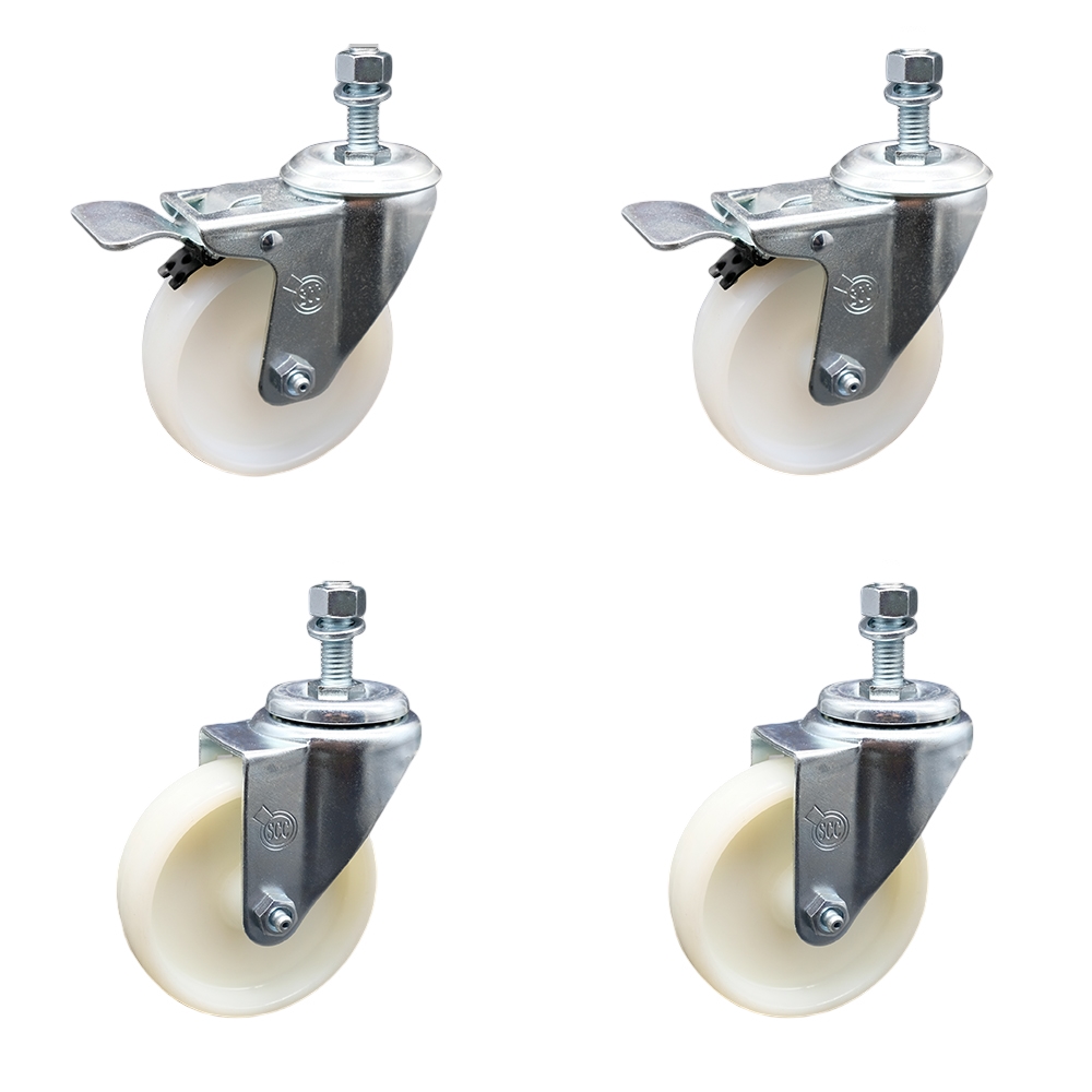 Stainless Steel Nylon Swivel Threaded Stem Caster Set of 4 w/4" x 1.25" White Wheels and 1/2" Stems - Includes 2 with Total Locking Brake - 1200 lbs Total Capacity - Service Caster Brand — photo 1