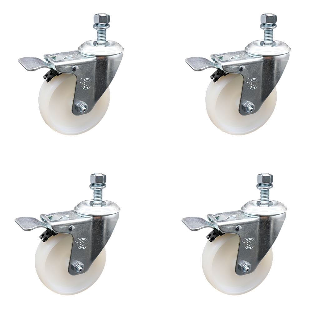 Stainless Steel Nylon Swivel Threaded Stem Caster Set of 4 w/4" x 1.25" White Wheels and 1/2" Stems - Includes 4 with Total Lock Brakes - 1200 lbs Total Capacity - Service Caster Brand — photo 1