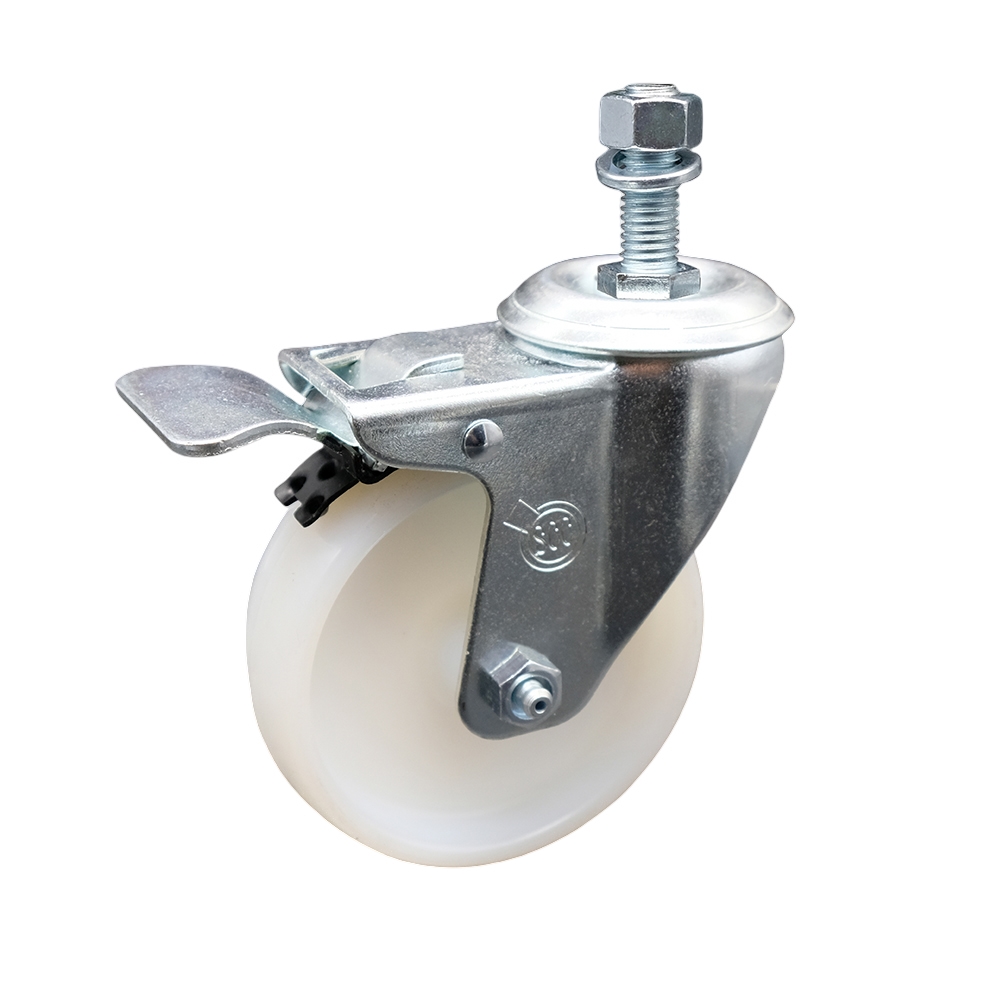 Stainless Steel Nylon Swivel Threaded Stem Caster w/4" x 1.25" White Wheel and 1/2" Stem & Total Locking Brake - 300 lbs Capacity/Caster - Service Caster Brand — photo 1