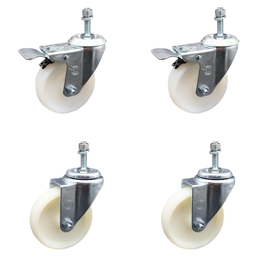 Stainless Steel Nylon Swivel Threaded Stem Caster Set of 4 w/4" x 1.25" White Wheels and 3/8" Stems - Includes 2 with Total Locking Brake - 1200 lbs Total Capacity - Service Caster Brand — photo 1