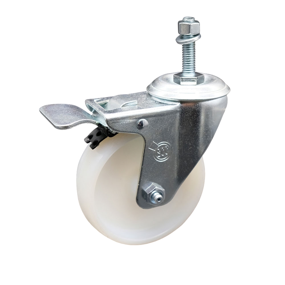 Stainless Steel Nylon Swivel Threaded Stem Caster w/4" x 1.25" White Wheel and 3/8" Stem & Total Locking Brake - 300 lbs Capacity/Caster - Service Caster Brand — photo 1