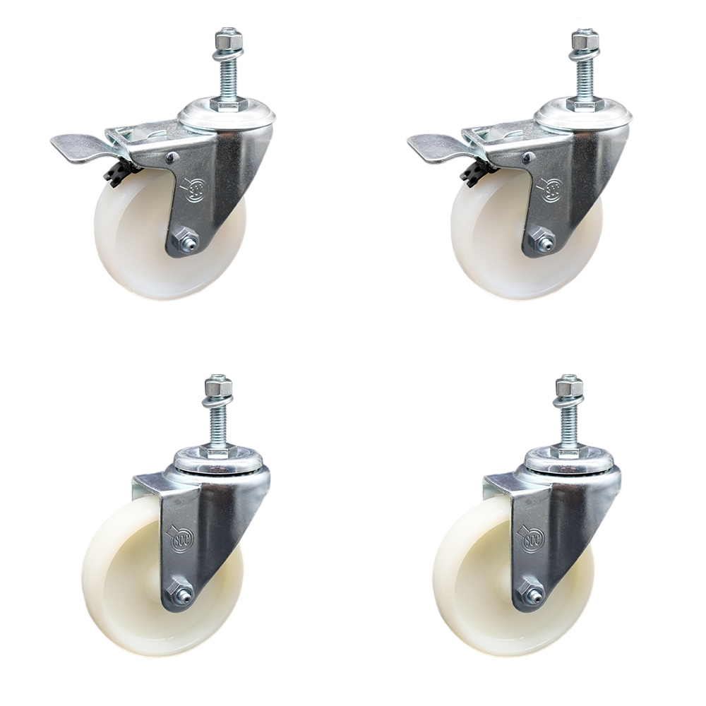 Stainless Steel Nylon Swivel Threaded Stem Caster Set of 4 w/4" x 1.25" White Wheels and 10MM Metric Stems - Includes 2 with Total Locking Brake - 1200 lbs Total Capacity - Service Caster Brand — photo 1