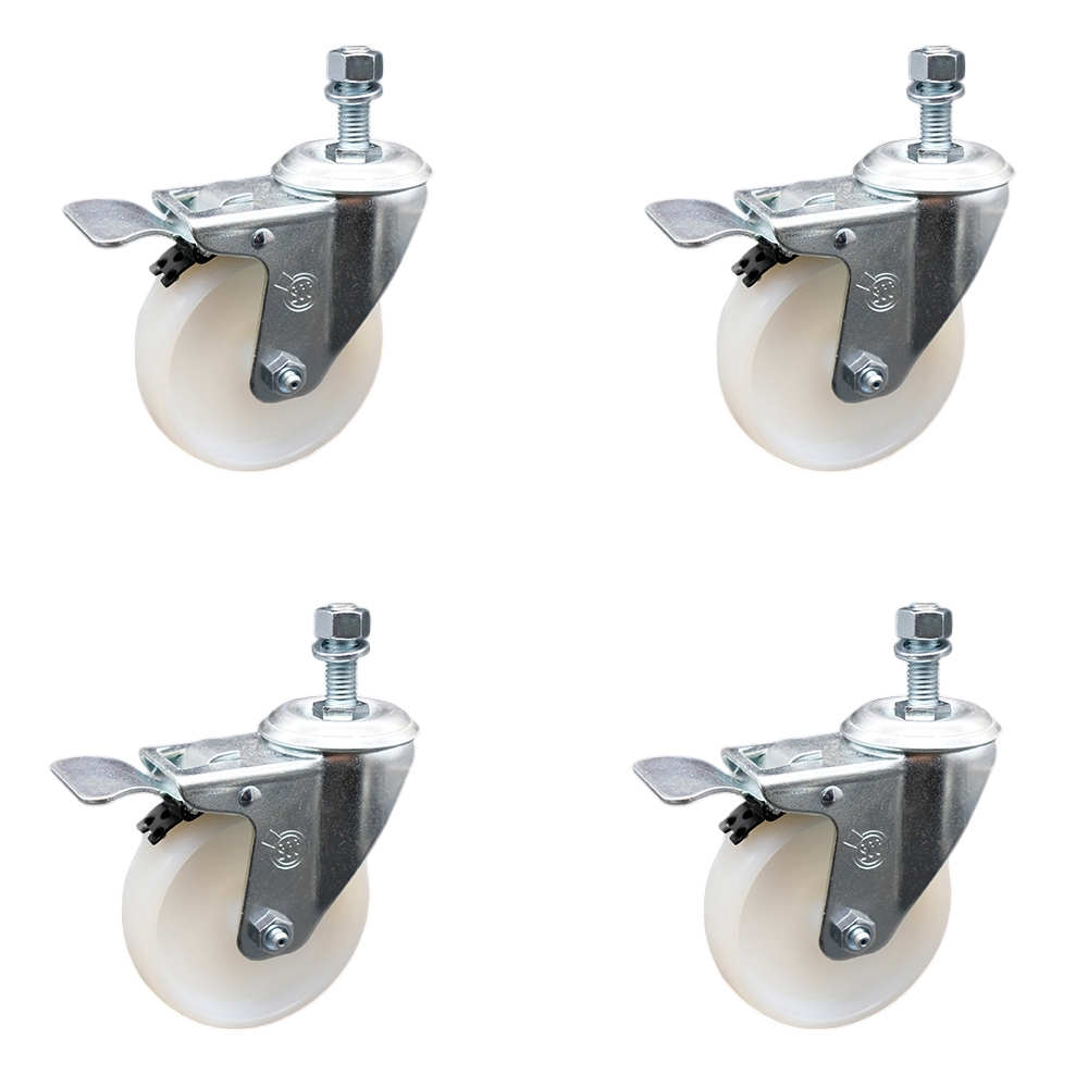 Stainless Steel Nylon Swivel Threaded Stem Caster Set of 4 w/4" x 1.25" White Wheels and 10mm Stems - Includes 4 with Total Lock Brakes - 1200 lbs Total Capacity - Service Caster Brand — photo 1