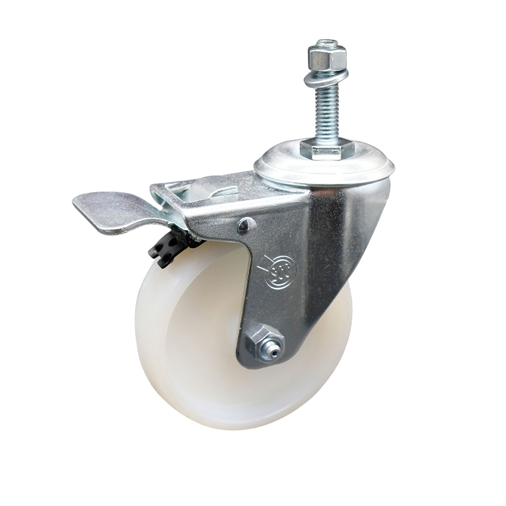 Stainless Steel Nylon Swivel Threaded Stem Caster w/4" x 1.25" White Wheel and 10MM Metric Stem & Total Locking Brake - 300 lbs Capacity/Caster - Service Caster Brand — photo 1