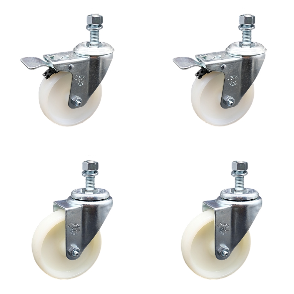 Stainless Steel Nylon Swivel Threaded Stem Caster Set of 4 w/4" x 1.25" White Wheels and 12MM Metric Stems - Includes 2 with Total Locking Brake - 1200 lbs Total Capacity - Service Caster Brand — photo 1