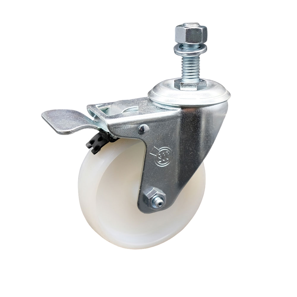 Stainless Steel Nylon Swivel Threaded Stem Caster w/4" x 1.25" White Wheel and 12MM Metric Stem & Total Locking Brake - 300 lbs Capacity/Caster - Service Caster Brand — photo 1
