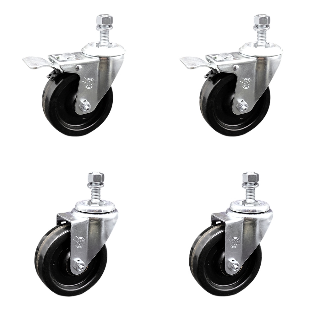 Stainless Steel Phenolic Swivel Threaded Stem Caster Set of 4 w/4" x 1.25" Black Wheels and 1/2" Stems - Includes 2 with Total Locking Brake - 1200 lbs Total Capacity - Service Caster Brand — photo 1