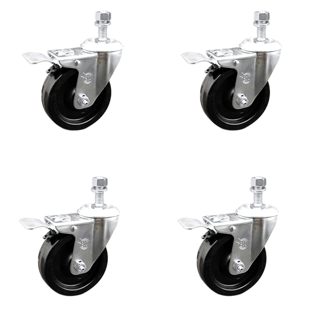 Stainless Steel Phenolic Swivel Threaded Stem Caster Set of 4 w/4" x 1.25" Black Wheels and 1/2" Stems - Includes 4 with Total Lock Brakes - 1200 lbs Total Capacity - Service Caster Brand — photo 1