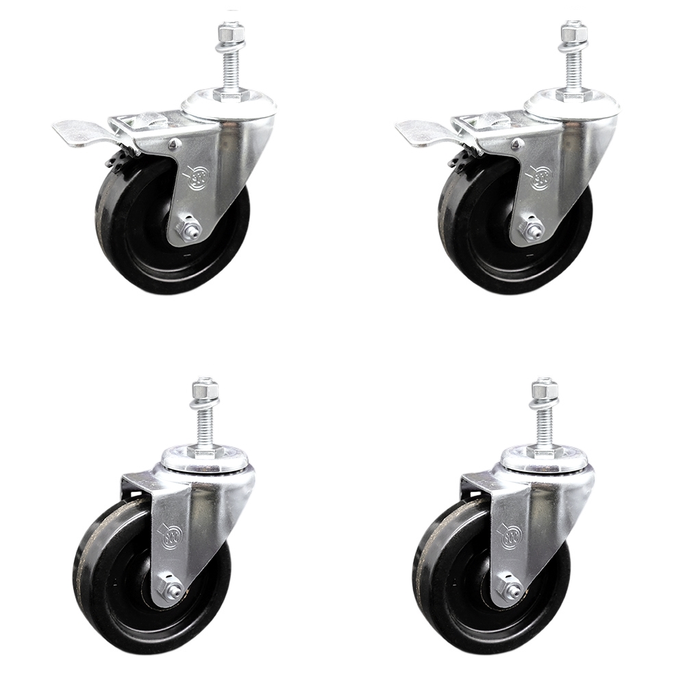 Stainless Steel Phenolic Swivel Threaded Stem Caster Set of 4 w/4" x 1.25" Black Wheels and 3/8" Stems - Includes 2 with Total Locking Brake - 1200 lbs Total Capacity - Service Caster Brand — photo 1