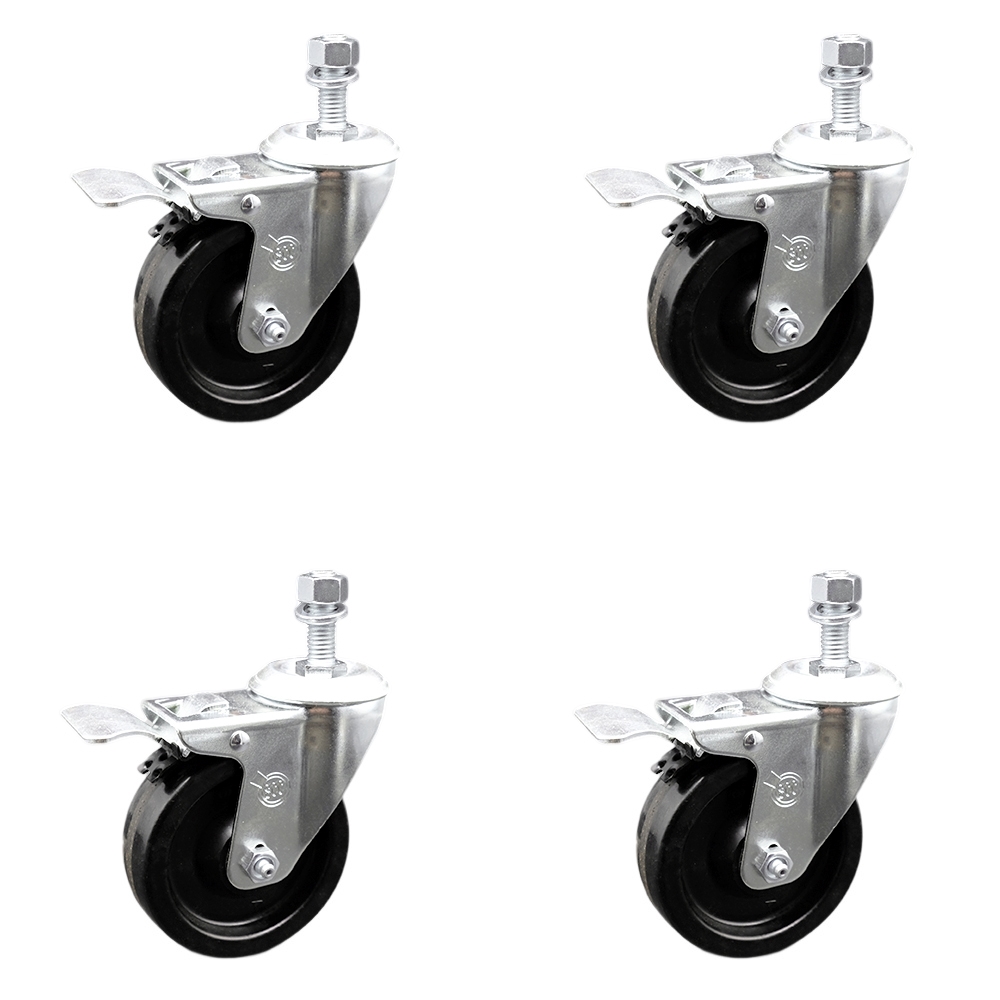 Stainless Steel Phenolic Swivel Threaded Stem Caster Set of 4 w/4" x 1.25" Black Wheels and 3/8" Stems - Includes 4 with Total Lock Brakes - 1200 lbs Total Capacity - Service Caster Brand — photo 1