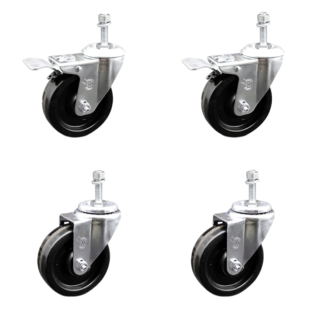 Stainless Steel Phenolic Swivel Threaded Stem Caster Set of 4 w/4" x 1.25" Black Wheels and 10MM Metric Stems - Includes 2 with Total Locking Brake - 1200 lbs Total Capacity - Service Caster Brand — photo 1