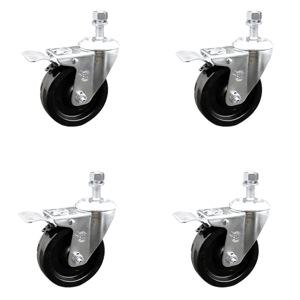 Stainless Steel Phenolic Swivel Threaded Stem Caster Set of 4 w/4" x 1.25" Black Wheels and 12mm Stems - Includes 4 with Total Lock Brakes - 1200 lbs Total Capacity - Service Caster Brand — photo 1