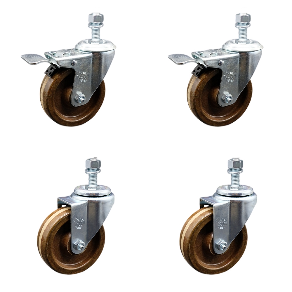 Stainless Steel High Temp Phenolic Swivel Threaded Stem Caster Set 4 w/4" x 1.25" Brown Wheels and 1/2" Stems-Includes 2 with Total Locking Brake-1200 lbs Total Capacity-Service Caster Brand — photo 1