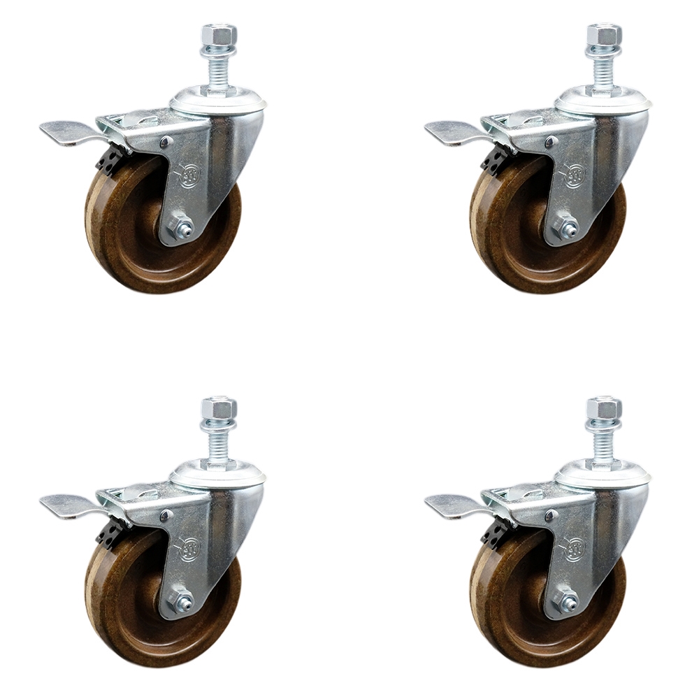 Stainless Steel High Temperature Phenolic Swivel Threaded Stem Caster Set of 4 w/4" x 1.25" Brown Wheels and 1/2" Stems-Includes 4 with Total Lock Brakes - 1200 lbs Total Capacity-Service Caster Brand — photo 1